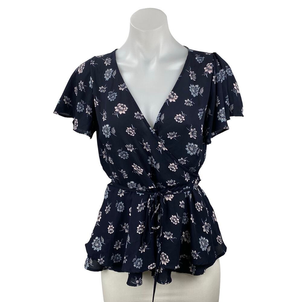 Ann Taylor LOFT Navy Blue Floral Short Flutter Sleeve Tie Wrap Peplum Blouse S